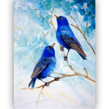 Watercolor bird with cobalt plumage and a golden beak on a turquoise green background