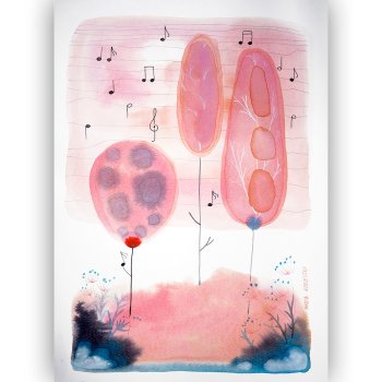 Watercolor three powder pink crowns with musical notes and a treble clef on peach background