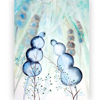 watercolor original Marta Konieczny for woman for girl for friend for anniversary gift beauty, best, Hahnemuhle paper pink blue 40x30 cm, delicate, flowers, blue, turquoise, grasses