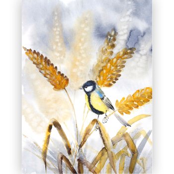 watercolor original Marta Konieczny for woman for girl for friend for anniversary gift beauty, best, Hahnemuhle paper 40x30 cm, yellow, golden, GRAY, NATURE, bird, tit, autumn