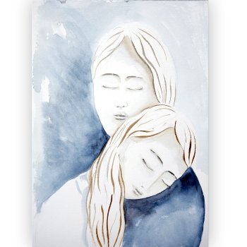Watercolor two faces cheek to cheek in sepia and beige with a blue accent