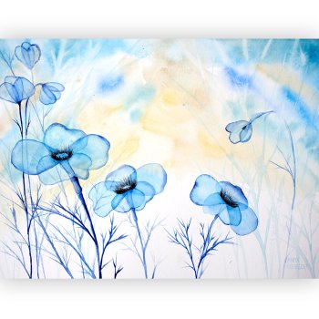 Watercolor transparent blue and indigo flowers on a golden background