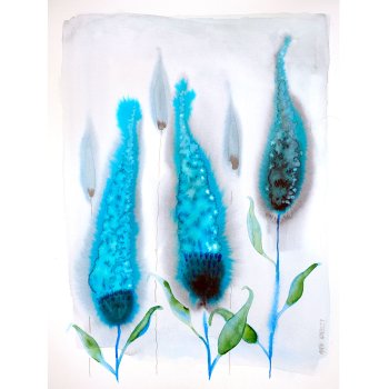 Watercolor three turquoise flower clusters with green leaves on white paper