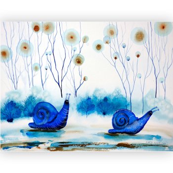 Watercolor cobalt snail with a spiral shell on turquoise background