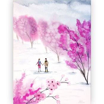 Watercolor couple holding hands under blossoming trees in shades of fuchsia and pink