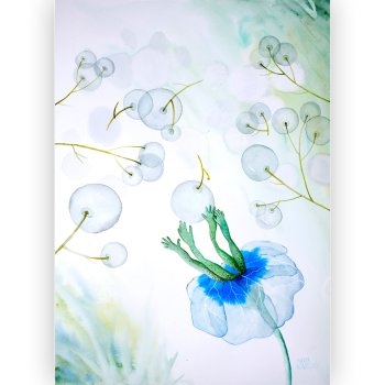 Watercolor cobalt flower with green tendrils above a blue flower and gray bubbles