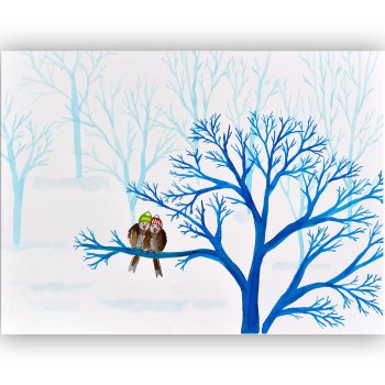 Watercolor two brown sparrows in caps on a cobalt branch among blue trees