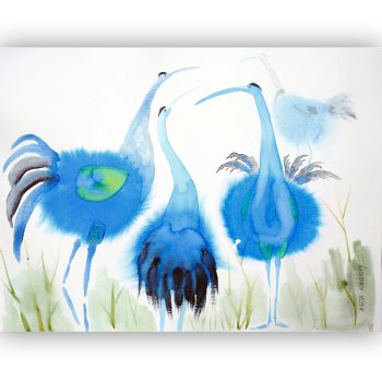 Watercolor three cranes with curved necks in shades of blue and azure