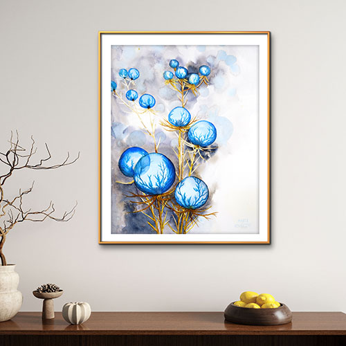akwarela oryginalna Marta Konieczny papier Hahnemuchle na prezent na zamówienie oprawiona kwiaty rośliny botaniczna organiczna niebieskie kule żółte łodygi kolczaste 40x30 cm na zamówieni na prezent