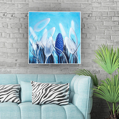 Marta Konieczny original oil painting on canvas turquoise blue transparent forms square 60x60 nature flowers plants meadow best gallery in Warsaw for gift for women modern hose loft 
best beauty modern cm