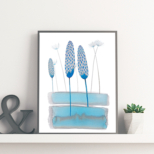 artprint copy print giclee artistic professional Marta Konieczny best beautiful gallery modern art for present for gift for bedroom for salon on wall for birthday for order botanical grey blue water plants cattails framed black frame