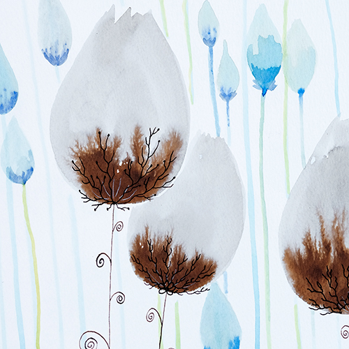 original watercolor aquarelle Marta Konieczny best beautiful gallery modern art for present for gift for bedroom for salon on wall for birthday for order blue brown flowers nature botany