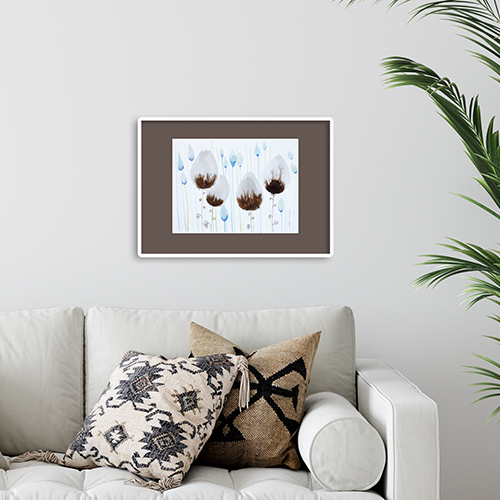 original watercolor aquarelle Marta Konieczny best beautiful gallery modern art for present for gift for bedroom for salon on wall for birthday for order blue brown flowers tulips framed