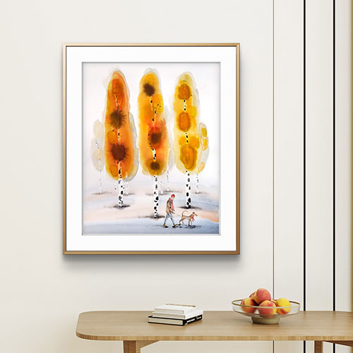 akwarela oryginalna Marta Konieczny sztuka nowoczesna najlepsza najpiękniejsza galeria polska ilustracja na prezent dla kobiety na urodziny na zamówienie do salonu do nowoczesnego wnętrza na ścianę do sypialni mężczyzna spacerujący z psem  żółta  pomarańc
