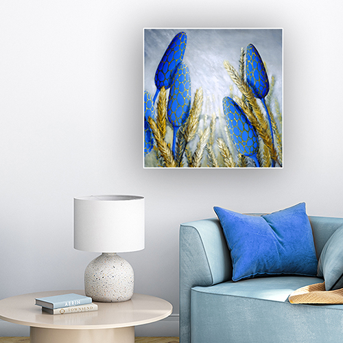 Marta Konieczny original oil painting on canvas 70 x 70 cm blue cobalt flowers golden grasses square 100X100 cm nature flowers plants meadow best gallery in Warsaw for a gift for women modern house loft 
best beauty modern