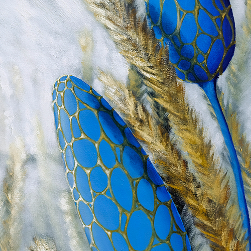 Marta Konieczny original oil painting on canvas 70 x 70 cmblue cobalt flowers golden grasses square 100X100 cm nature flowers plants meadow best gallery in Warsaw for gift for women modern house loft 
best beauty modern
