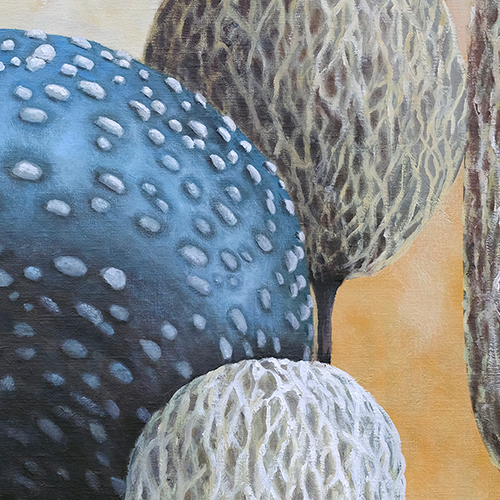 oil on canvas  best oil painting  Marta Konieczny  home decoration  for gift  for women  botany  nature  plants  organic  beautiful  modern  orange  grey  gold  forest  mushroom  landscape  botany  recommended  best picture