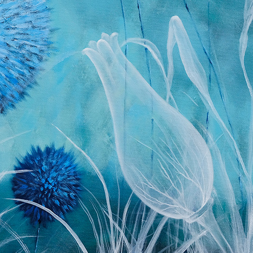oil on canvas  original  best oil painting  Marta Konieczny  home decoration  for gift  for women  botany  nature  plants  organic  beautiful  emerald  green  blue flowers  100x100 cm  square