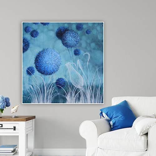 oil on canvas  original  best oil painting  Marta Konieczny  home decoration  for gift  for women  botany  nature  plants  organic  beautiful  emerald  green  blue flowers  100x100 cm  square