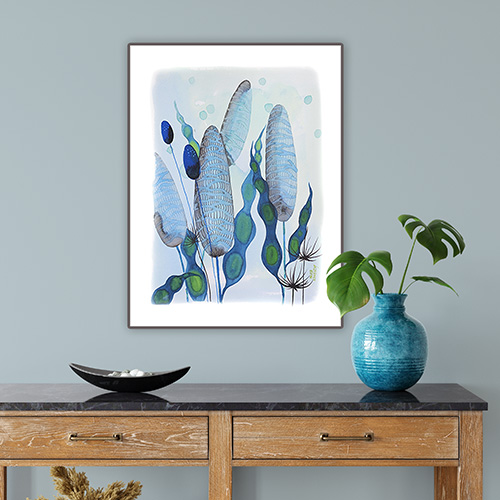 artprint copy print giclee artistic professional Marta Konieczny best beautiful gallery modern art for present for gift for bedroom for salon on wall for birthday for order botanical blue flowers green leaves on grey wall framed
