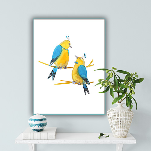 artprint copy print giclee artistic professional Marta Konieczny best beautiful gallery modern art for present for gift for bedroom for salon on wall for birthday for order botanical birds yellow blue turquoise for love couple for woman framed