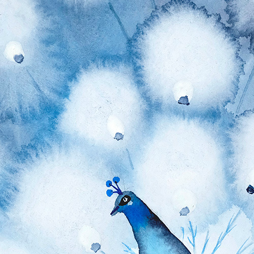 oryginal watecolor lovely professional beautiful best for salon for bedroom on wall botany Marta Konieczny for gift for present for woman for sale for order blue gold bird peacock