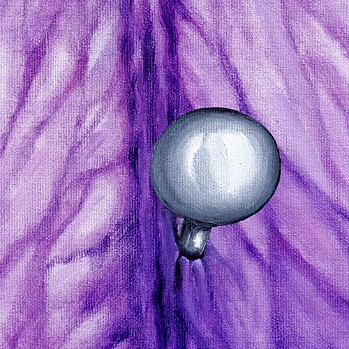 Piercing oil on canvas Marta Konieczny 100x100 cm square big pink violet purple for modern home avantgarde iris flower jewelry