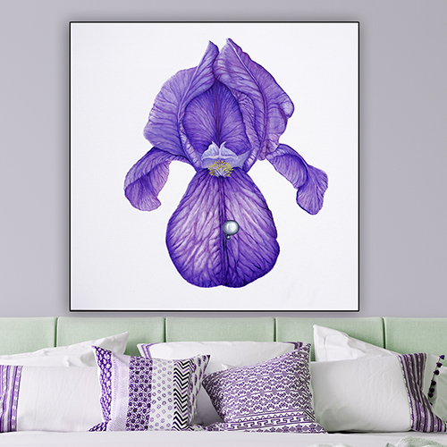 Piercing oil on canvas Marta Konieczny 100x100 cm violet purple iris flower big square for gift for anniversary avantgarde best gallery in warszaw