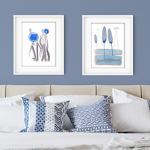 artprint copy print giclee artistic professional Marta Konieczny best beautiful gallery modern art for present for gift for bedroom for salon on wall for birthday for order botanical blue grey framed white frame on blue wall for sale