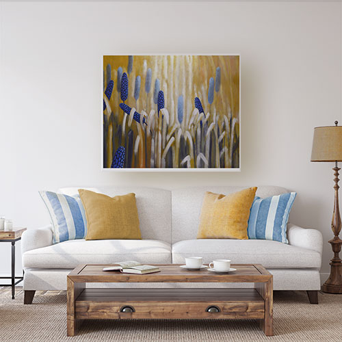 Marta Konieczny  duży obraz olejny do salonu  na ścianę  na prezent  do loftu  super  najlepszy  najpiękniejszy  piękny  pomarańczowy  niebieski  trzciny  trawy  pałki wodne  rośliny wodne  szuwary  oryginalny  ręcznie malowany