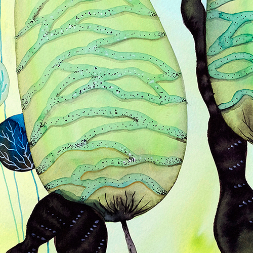 akwarela oryginalna Marta Konieczny sztuka nowoczesna najlepsza najpiękniejsza galeria polska ilustracja na prezent dla kobiety na urodziny na zamówienie do salonu do nowoczesnego wnętrza na ścianę do sypialni zielone kwiaty rośliny natura przyroda