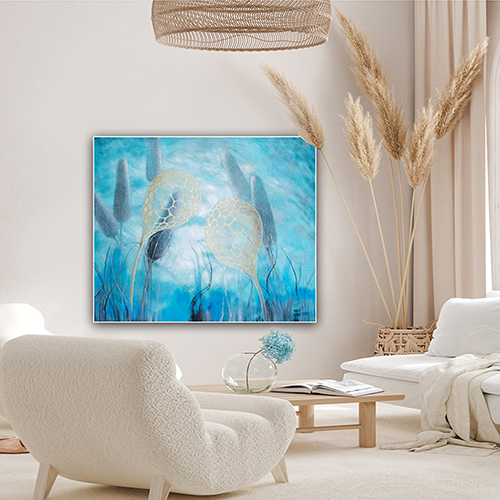original oil painting on canvas very big blue gold black turquoise modern best gallery  in Warsaw 
Marta Konieczny 100 x120 cm modern flowers plants botany organic design