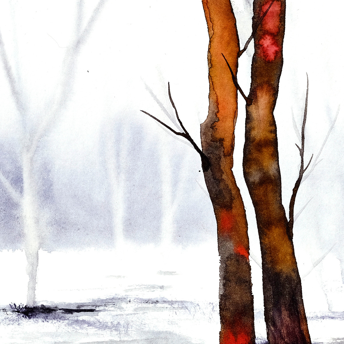 akwarela oryginalna Marta Konieczny sztuka nowoczesna najlepsza najpiękniejsza galeria polska ilustracja na prezent dla kobiety na urodziny na zamówienie do salonu do nowoczesnego wnętrza na ścianę do sypialni pejzaż zimowy drzewa miłość