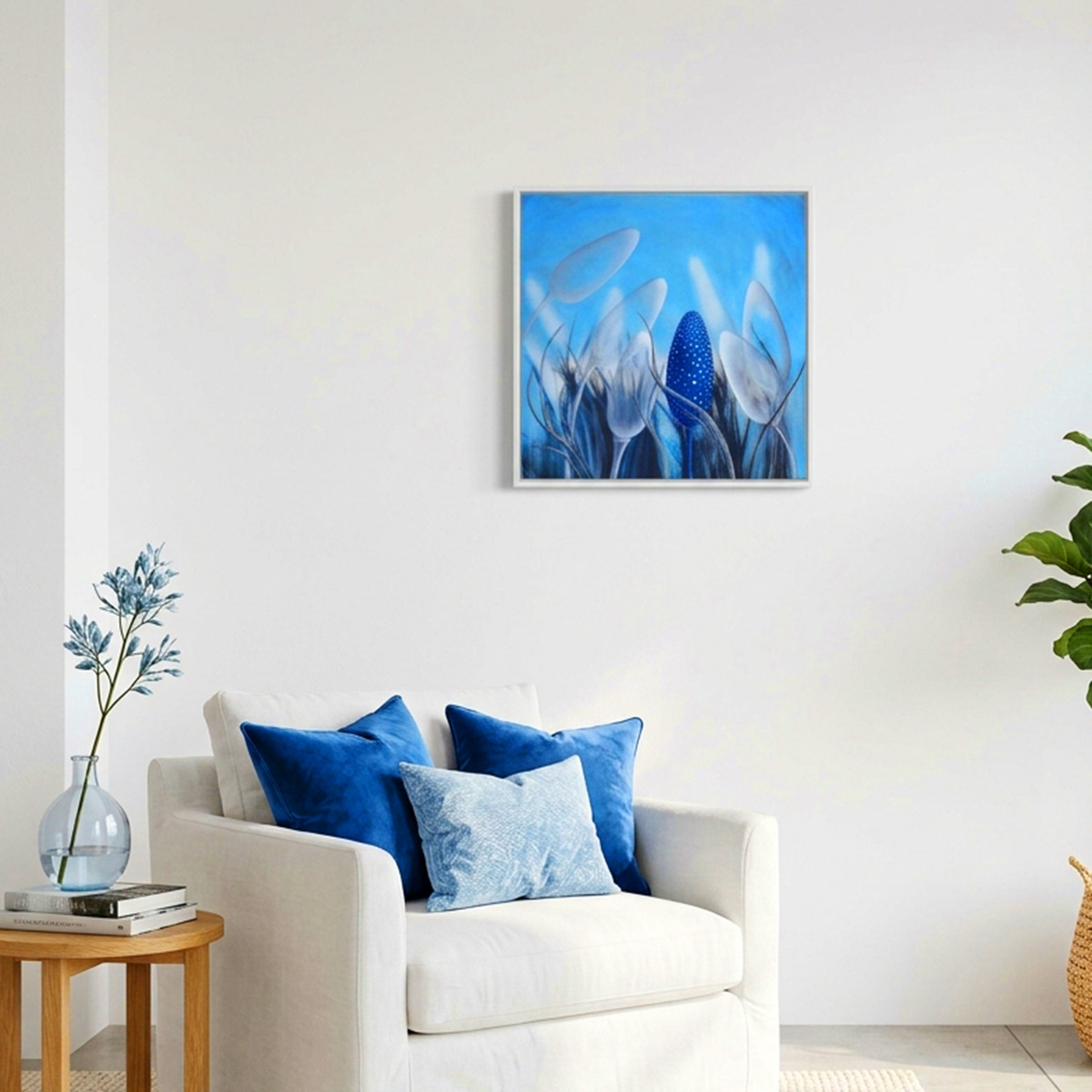 Marta Konieczny original oil painting on canvas turquoise blue transparent forms square 60x60 nature flowers plants meadow best gallery in Warsaw for gift for women modern hose loft best beauty modern cm