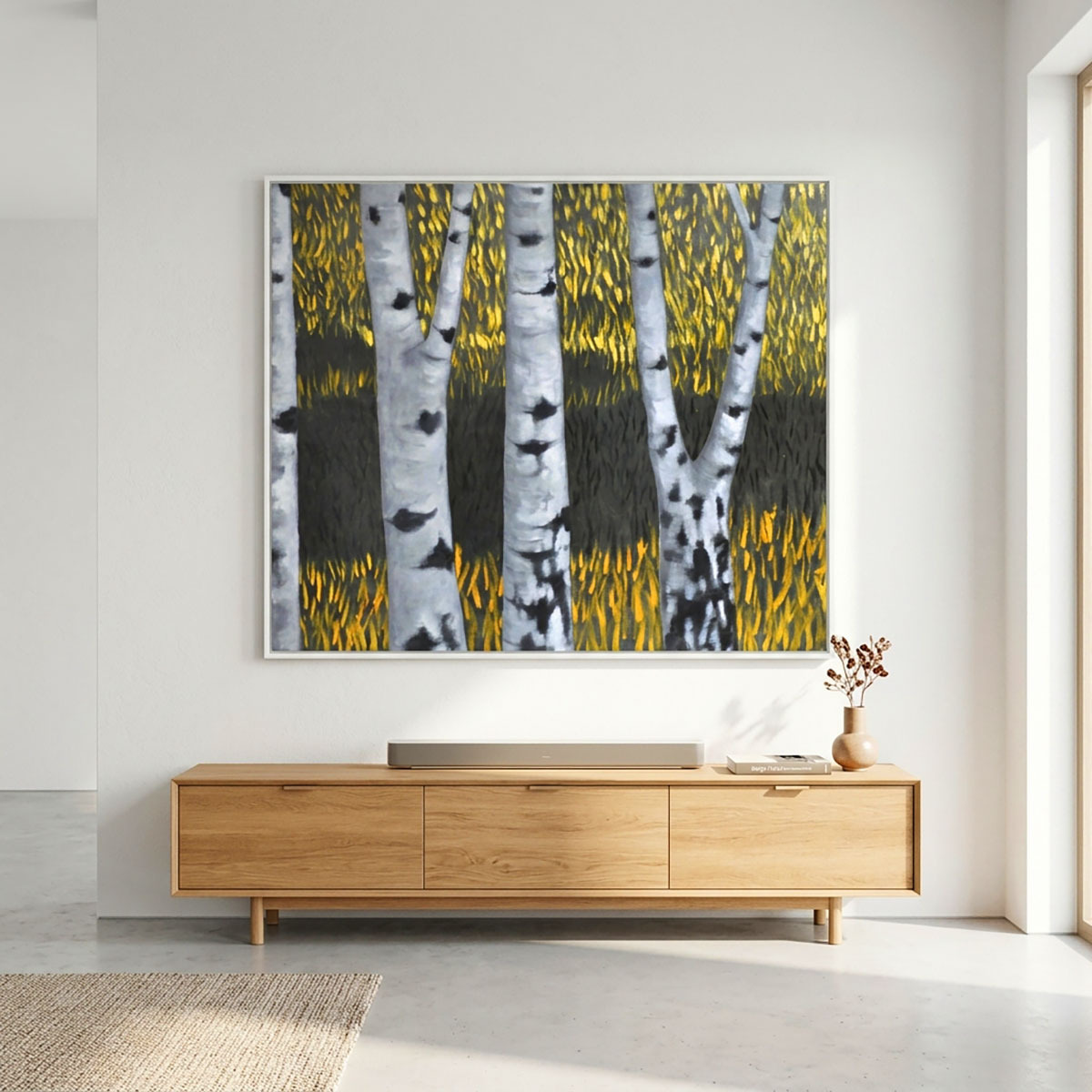 oil on canvas, best oil painting, Marta Konieczny, home decoration, for gift, for women, botany, nature, plants, organic, beautiful, modern, birch, yellow, forest, trees, orginal