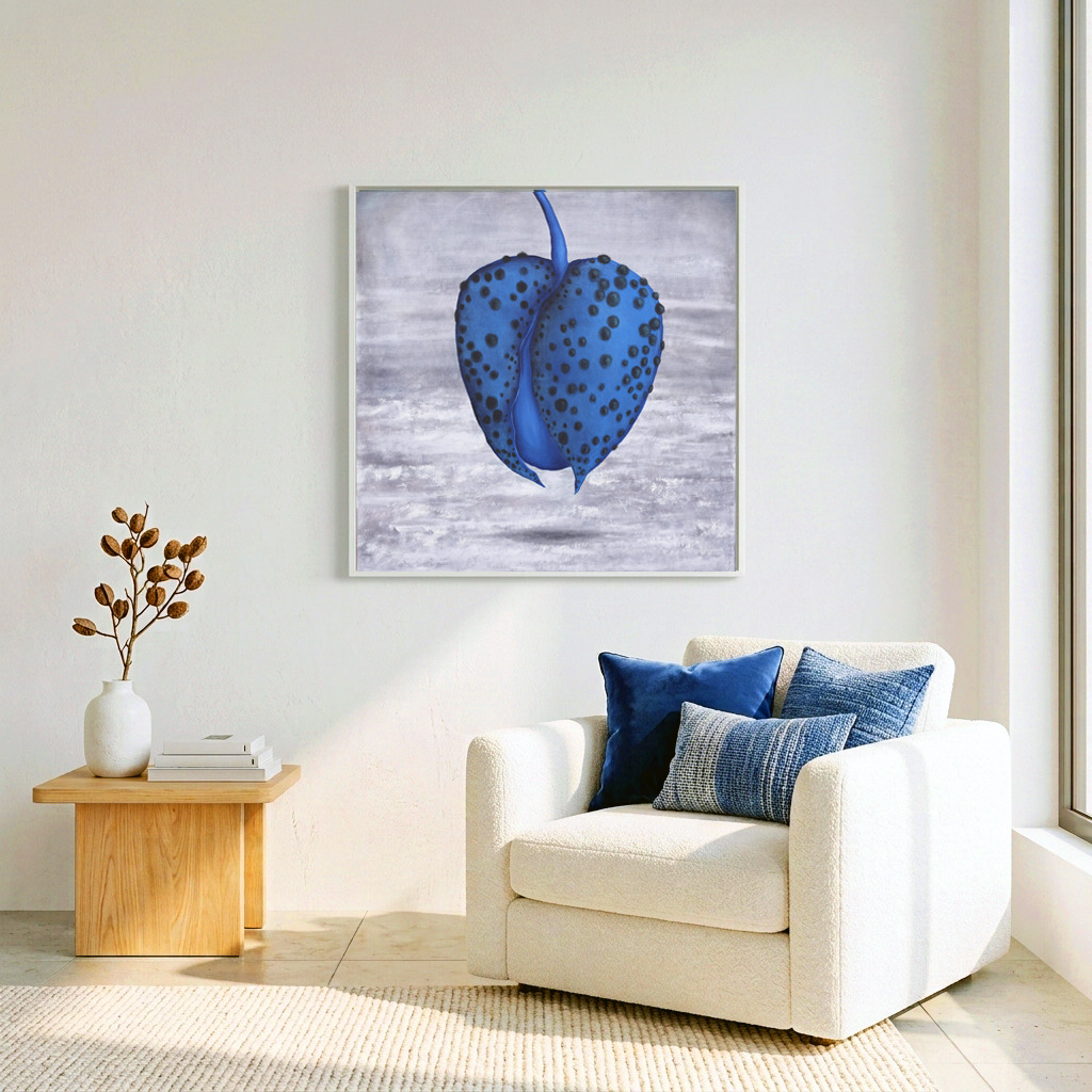 oil on canvas, best oil painting, Marta Konieczny, home decoration, for gift, for women, botany, nature, plants, organic, blue, grey
