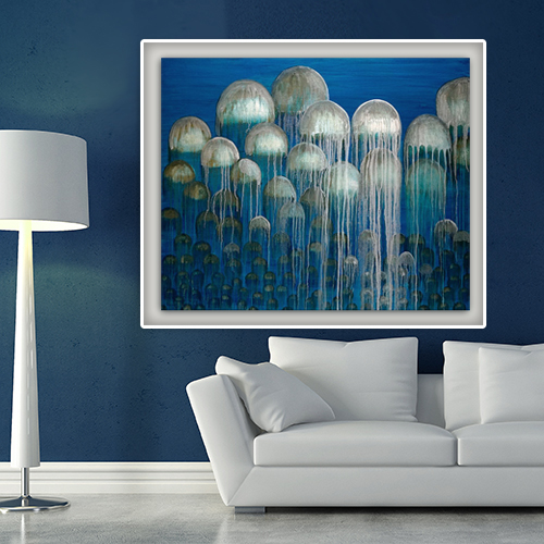 oil on canvas  best oil painting  Marta Konieczny  home decoration  for gift  for women  botany  nature  plants  organic  beautiful  modern  blue  sea  jellyfish  unique 