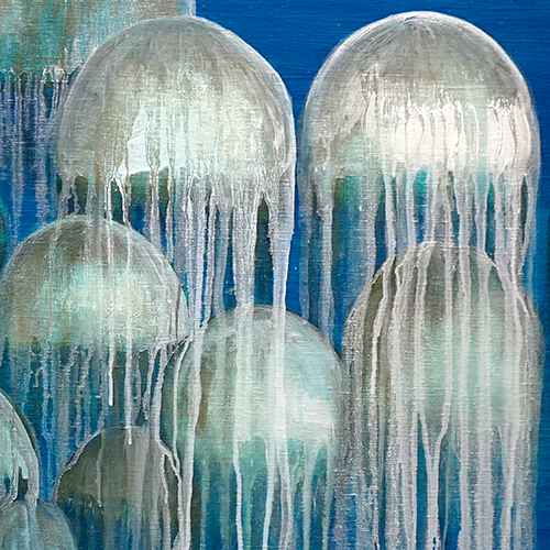 oil on canvas  best oil painting  Marta Konieczny  home decoration  for gift  for women  botany  nature  plants  organic  beautiful  modern  undersea  jellyfish  gold  blue