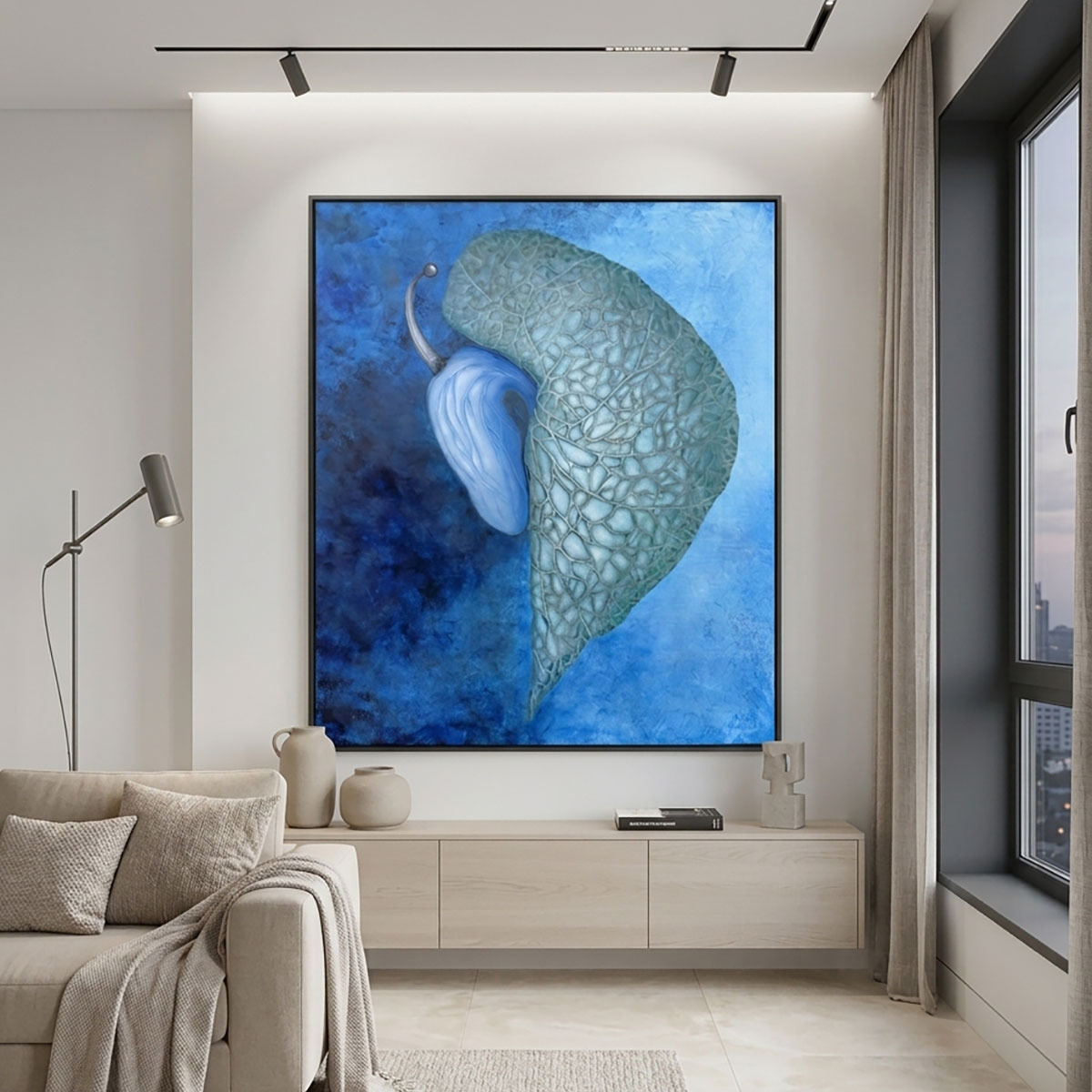 oil on canvas beautiful painting, botany flowers, blue square very big, for present, to sell,