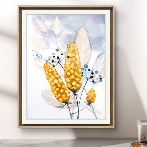 oryginal watecolor lovely professional beautiful best for salon for bedroom on wall botany Marta Konieczny for gift for present for woman for sale for order YELLOW GOLD GOLDEN AUTUMN