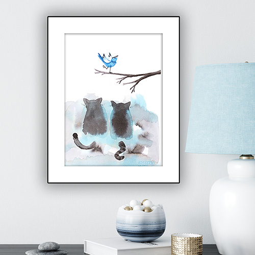 artprint copy print giclee artistic professional Marta Konieczny best beautiful gallery modern art for present for gift for bedroom for salon on wall for birthday for order animal cat fat bird blue grey framed on wall