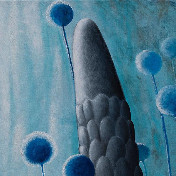 original work  art  oil on canvas  garden  turquoise  blue  grey  botany art  organic forms  art for home  gift  present 
