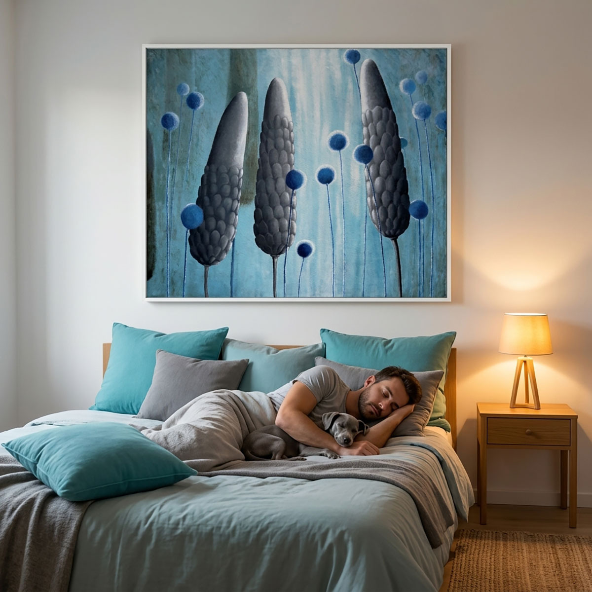 original modern art, landscape, botany, nature, gift, present, turquoise, blue, grey, flowers, bid, huge, decoration, home, room, sleeping, fro woman,