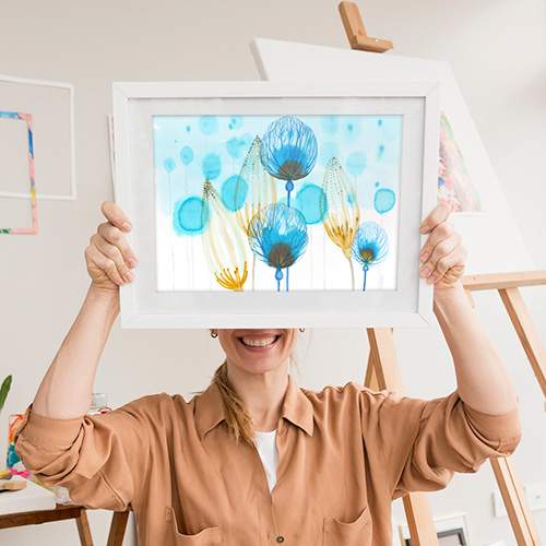 akwarela oryginalna Marta Konieczny sztuka nowoczesna najlepsza najpiękniejsza galeria polska ilustracja na prezent dla kobiety na urodziny na zamówienie do salonu do nowoczesnego wnętrza na ścianę do sypialni turkusowe złote kwiaty wodne rośliny oprawion