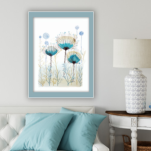artprint copy print giclee artistic professional Marta Konieczny best beautiful gallery modern art for present for gift for bedroom for salon on wall for birthday for order botanical flowers nature plants turquoise yellow golden blue framed