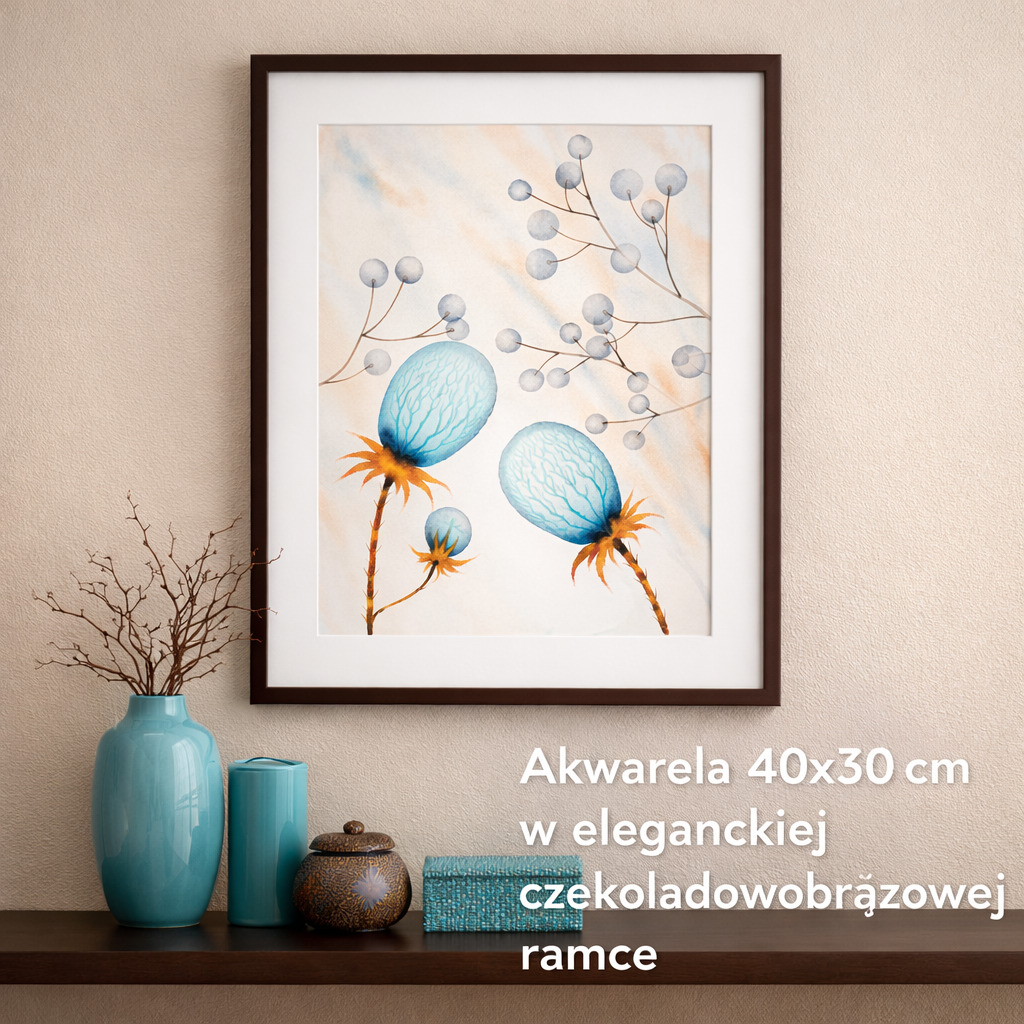 akwarela oryginalna Marta Konieczny 40x30 cm zielona turkusowa pomarańczowa botaniczna na prezent dla niej dla ogrodnika rośliny najlepsza najpiękniejsza profesjonalna niesamowite rośliny rodzina