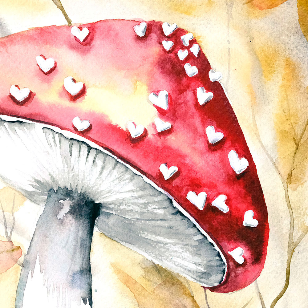Oryginalna akwarela 40x30 cm „Much-amorek” autorstwa Marty Konieczny przedstawiająca czerwonego muchomora z kropkami w kształcie białych serduszek na tle złotej jesieni – idealny romantyczny prezent dla zakochanej kobiety lub mężczyzny.