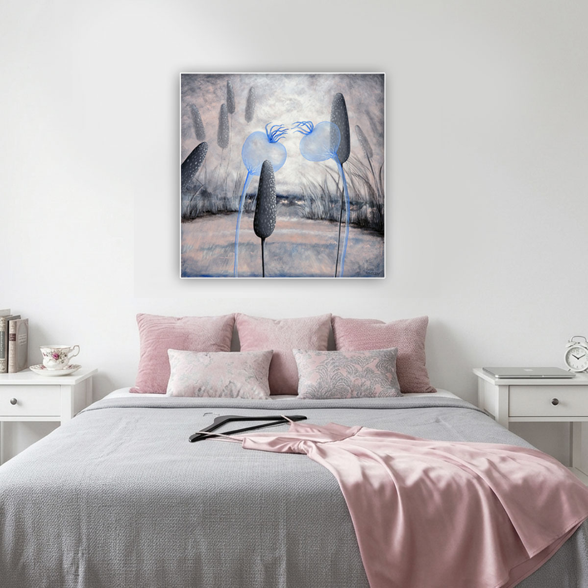 oryginalny nowoczesny obraz olejny kwadratowy różowy piękny najlepszy tani na prezent kwiaty niebieskie ogród różowy 100x100 cm Marta Konieczny