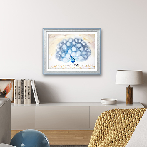 original watercolor lovely professional beauty best for salon for bedroom on wall botany Marta Konieczny for gift for present for woman for sale for order blue gold bird peacock framed in interior