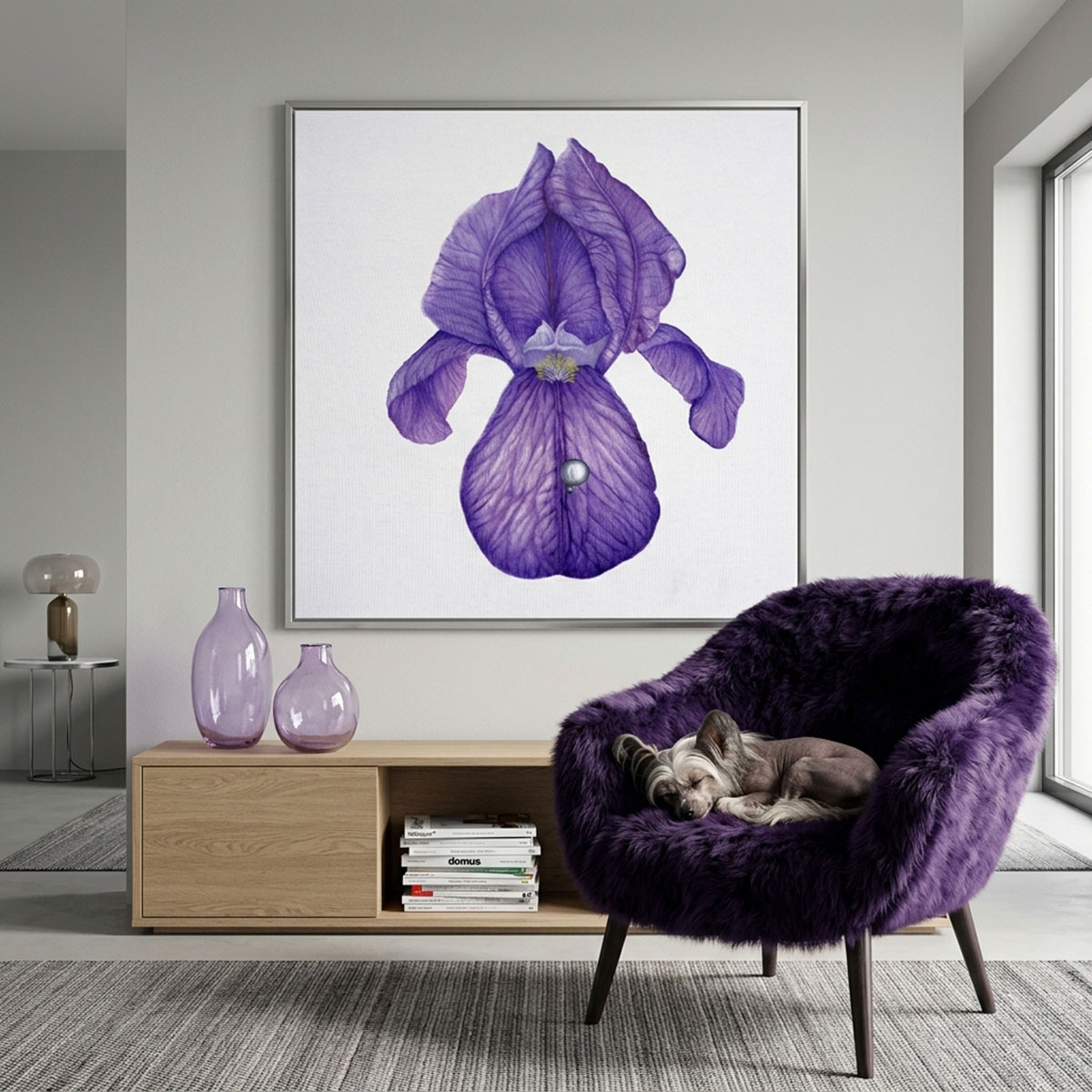 obraz olejny na płótnie Marta Konieczny 100x100 cm fioletowy kwiat irys duży wielki kwadratowy na prezent awangardowy dla kobiety na prezent do nowoczesnego domu najlepsza galeria w warszawie